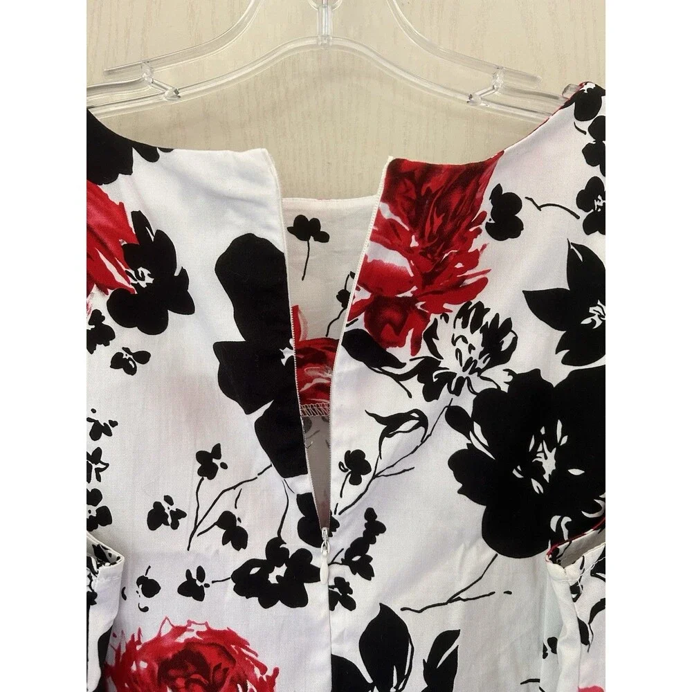 New Light Retro Floral A-Line Midi Dress White Red Black Rose Print Fit Flare XL